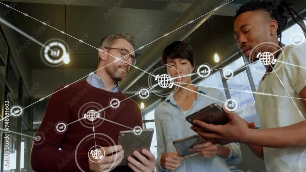 Poster animation of network of connections with icons over diverse colleagues discussing work