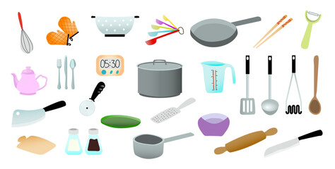 Kitchen Utensils Vectors. Whisk oven gloves teapot cleaver cutting board fork spoon butter cutlery colander cooking pizza cutter salt pepper seasoning spice cup frying pan spatula ladle peeler knife - obrazy, fototapety, plakaty