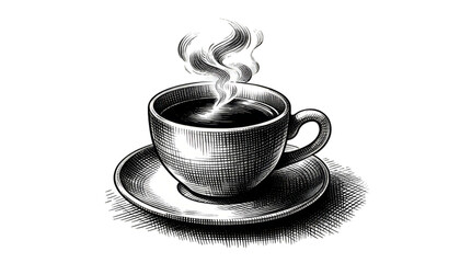 Black and white engraving illustration of a steaming coffee cup for menus and beverage designs