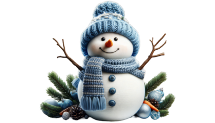 Festive 3D illustration of a snowman with blue winter accessories for holiday designs and decor