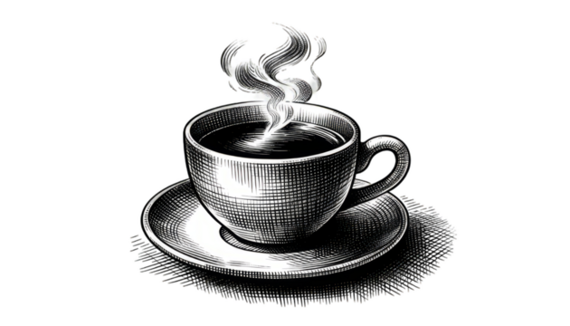 Black and white engraving illustration of a steaming coffee cup for menus and beverage designs
