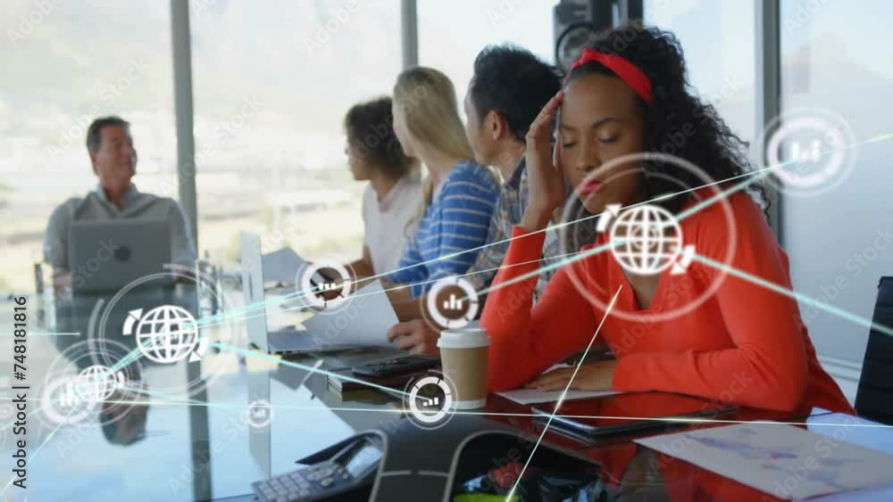 Poster animation of network of connections with icons over diverse colleagues discussing work