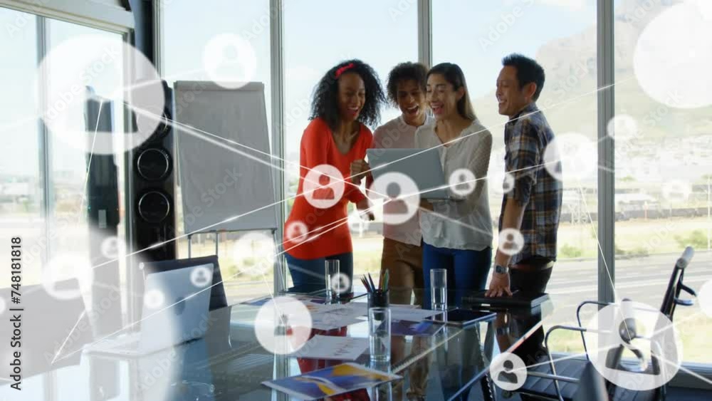 Aufkleber animation of network of connections with icons over diverse colleagues discussing work