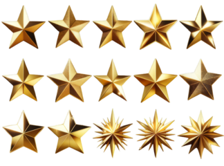 A vector collection of various gold stars suitable for reward systems and quality badges