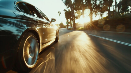 Dynamic shot of sports car speeding on sunlit road, motion blur.