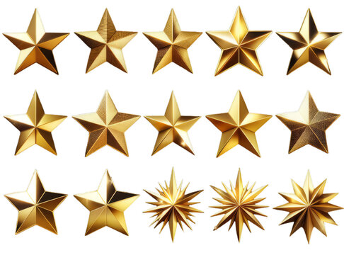 A vector collection of various gold stars suitable for reward systems and quality badges