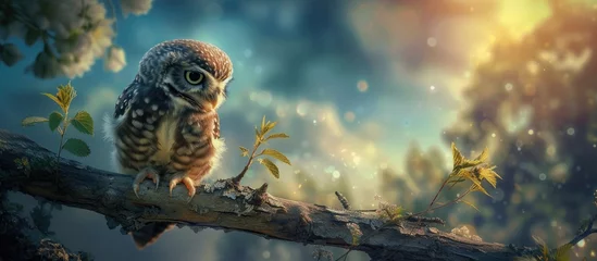 Poster A young spotted owlet perched on a tree branch in a dense forest setting. The owl appears alert, looking around its surroundings as it blends into the natural habitat. © 2rogan