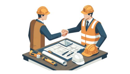Isometric illustration of two professionals shaking hands over blueprints at a construction site ideal for business and development concepts