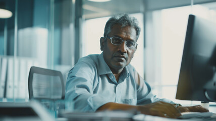 Focused man at computer in blue-toned office, concentration in the digital age.