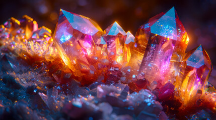 Colorful crystals, pink and yellow vibrant lighting