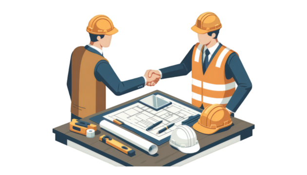 Isometric illustration of two professionals shaking hands over blueprints at a construction site ideal for business and development concepts