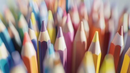 A vivid tapestry of colorful pencils points upwards, symbolizing creativity, ideas, and education. - obrazy, fototapety, plakaty