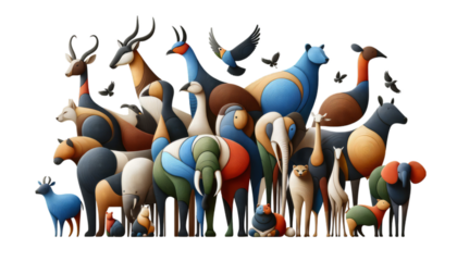 Stylized illustration of a colorful animal herd perfect for wildlife and conservation graphics