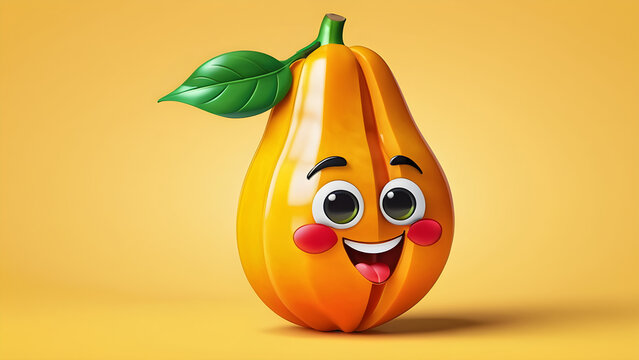 a fruit papaya emoji on a yellow background. fruit diet. fresh organic fruit. vitamin nutrition healthy food with space. Perfect for any design. papaya cartoon.
