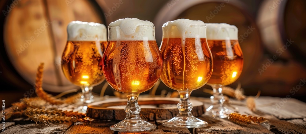 Poster three elegant glasses filled with refreshing beer are placed on the rustic wooden table. the glasses