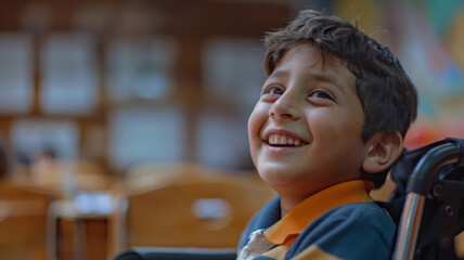 Joyful boy in a wheelchair with a heartwarming smile.