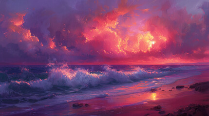 Impressionist painting of sunset in the sea, vibrant pink-blue colors