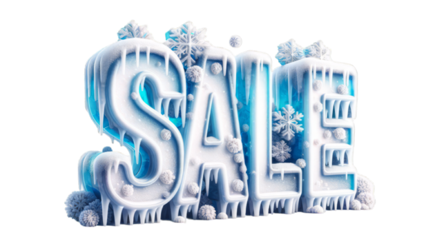3D typography of the word SALE with a frosty winter theme perfect for seasonal promotions and advertisements