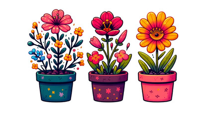 Digital illustration of vibrant potted flowers ideal for botanical and gardening design elements