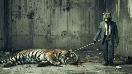 Fototapeta na wymiar Politician with bear head is taming a tiger in prison cell, concept of repressions