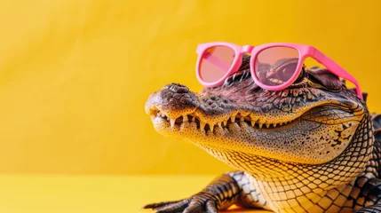 Gordijnen Portrait of cute crocodile wearing pink sunglasses © Kondor83