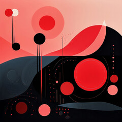 A black and red abstract background has circles and circles, in the style of organic shapes and curved lines, bold shadows, minimalist landscapes, minimalist  life, irregular forms, nature-inspired