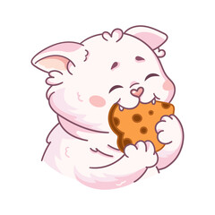 Cute fluffy cat, eating a fish cracker in the shape of a heart. The cartoon character is a pet. Vector illustration isolated on a white background