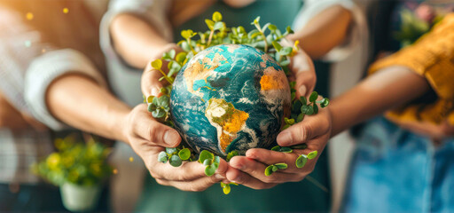 A powerful symbol of global unity and environmental care, hands of diverse people cradle a green and blue earth with plant life - obrazy, fototapety, plakaty