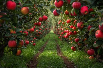 Rows of apple trees laden with bright red fruit, indicating peak harvest time in a well-maintained orchard.