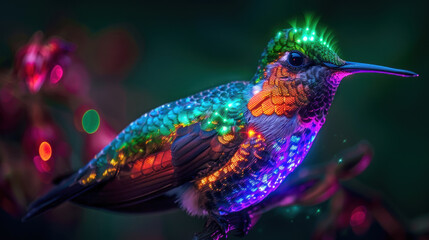 Obraz premium Magic glowing glittering multi-colored hummingbird in flight