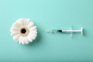 Cosmetology. Medical syringe and gerbera flower on turquoise background, flat lay