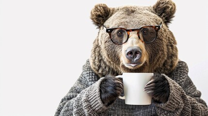Cozy Mr.Bear in glasses is drinking coffee with a decent coffee mug isolated on white background, funny animal portrait on white.