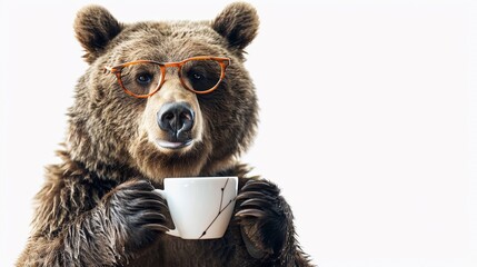 Cozy Mr.Bear in glasses is drinking coffee with a decent coffee mug isolated on white background, funny animal portrait on white.