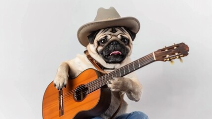 Mexico style cute innocent pug dog puppy wearing cowboy hat and holding wooden guitar playing country music isolated on white background, funny animal musician portrait.