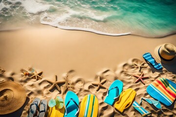 flip flops on the beach - obrazy, fototapety, plakaty