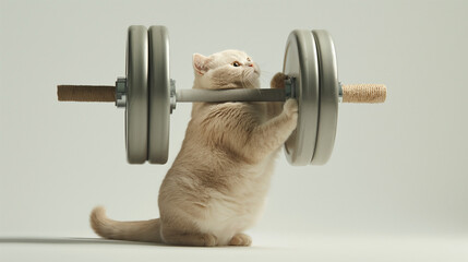 Funny and playful chubby overweight cat lifting a bar bell isolated on white background, concept of losing weight, fitness, work out. - obrazy, fototapety, plakaty
