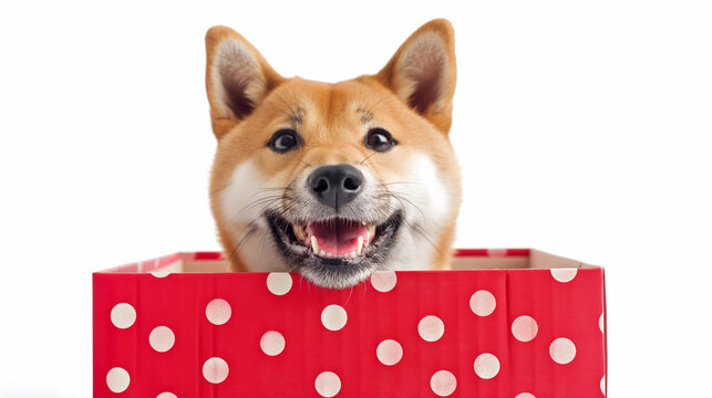 Happy funny Shiba Inu smiling pop out from a large red dotted gift box isolated on white background, surprise present, love and romance, happiness time with pet.