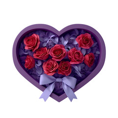 Flower bouquet in heart shaped box with bow - 3d render illustration of floral composition for Valentine day banner or card. Romantic poster with red roses in purple cardboard box 
