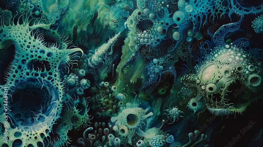 Poster layers of abstract imagery in cool blue and green tones resembling an underwater world filled with u