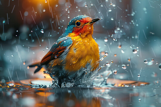 Kingfisher-like bird bathes in water, splashing droplets all around it.