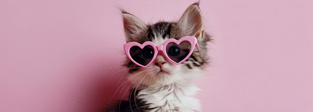portrait of a cute cat with heart shaped glasses on pink