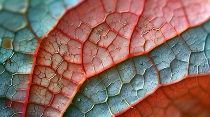 Abstract Close-up of Colorful Leaf with Blue Green and Pink Hues - obrazy, fototapety, plakaty