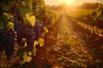 Cluster of red grapes basks in the sunlight and the warm glow of the vineyard behind.