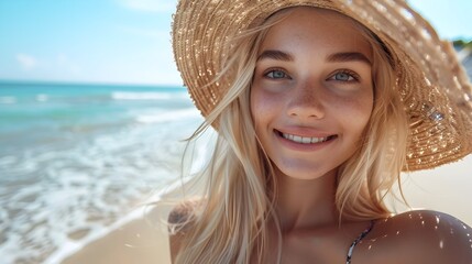 Blonde Woman Taking a Selfie on the Beach with a Straw Hat