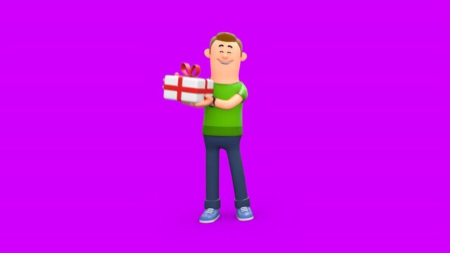3D Animated Cartoon Man Holding a Present Box In Green Screen
