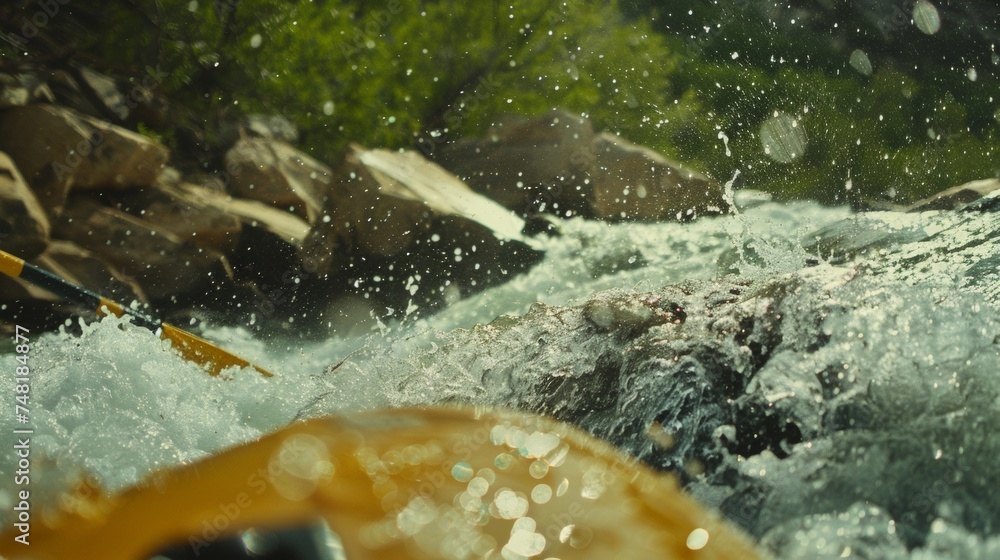 Poster a swift current rushes over boulders in a surging rapid creating a misty spray that adds to the exci