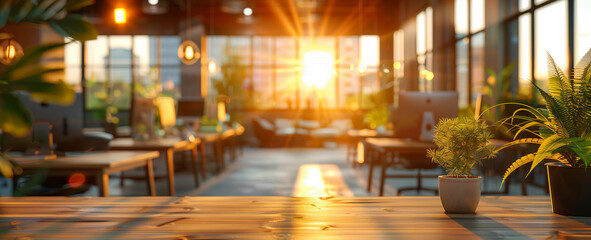 Cozy cafe interior with warm sunset light and green plants on wooden tables - obrazy, fototapety, plakaty