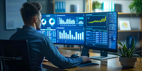 Professional analyst working with multiple data analytics screens in modern office