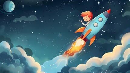 Obraz na płótnie Canvas Cartoon Kid Flying Rocket in Starry Sky