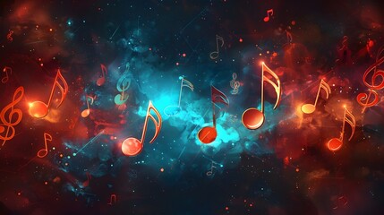 Colorful Music Notes Background with Dark Sky-Blue and Red